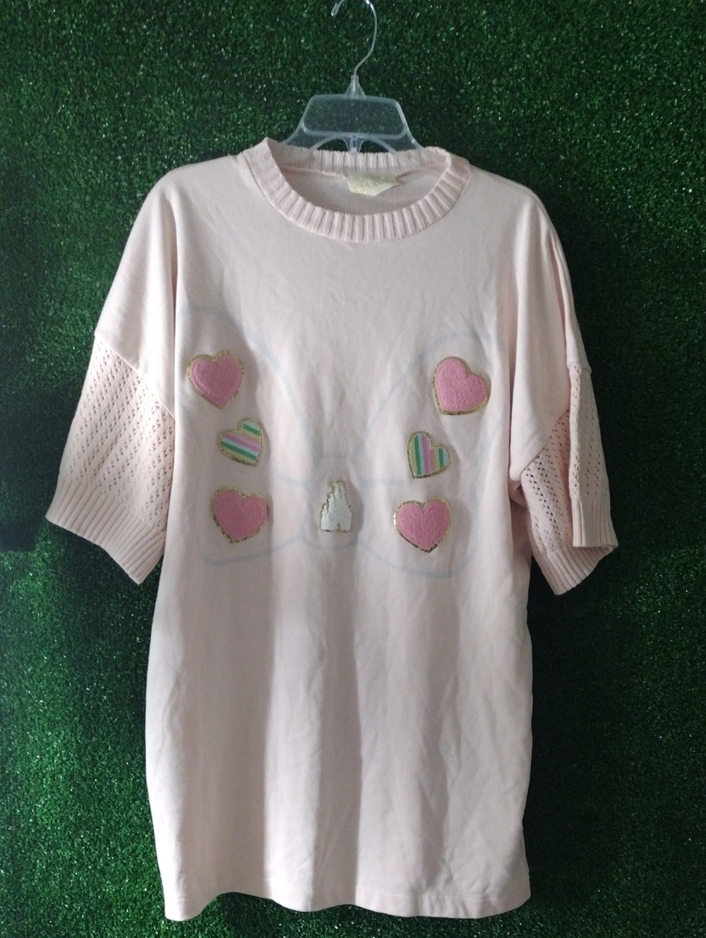 Judith March Light Pink Heart Patch Crewneck Sweater Tunic Top